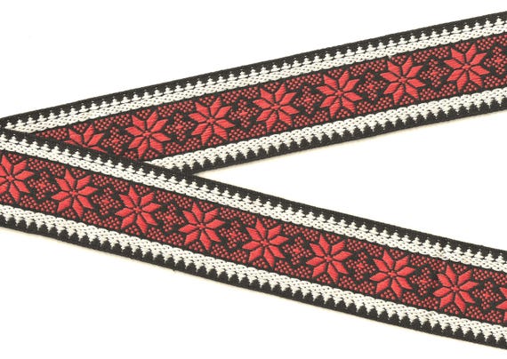 SNOWFLAKES K-05-F Jacquard Ribbon Cotton Trim 2" wide (50mm) VINTAGE Black w/Orange-Red Snowflakes