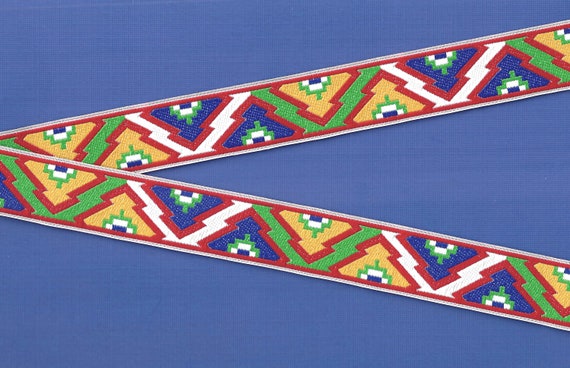 NATIVE AMERICAN F-26-B Jacquard Ribbon Poly Trim 1" Wide (25mm) Yellow, Green, Blue, Red & White ZigZag Southwest Design, Per Yard