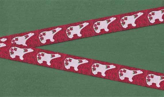 HOLIDAY E-25-A Jacquard Ribbon Poly Trim 7/8" wide (22mm) Poinsettia Polar Bear