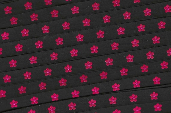 KAFKA A-03/16 Jacquard Ribbon Woven Organic Cotton Trim 7/16" wide (10mm) Black Background w/Pink Forget-Me-Nots, Orange Accents