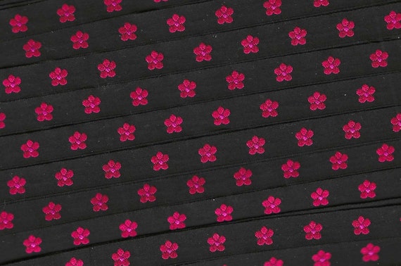 KAFKA A-03/16 Jacquard Ribbon Woven Organic Cotton Trim 7/16" wide (10mm) Black Background w/Pink Forget-Me-Nots, Orange Accents