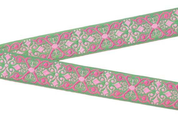 GEOMETRIC H-09-L Jacquard Ribbon Poly Trim 1-1/2" wide (38mm) Lime w/Lt & Dk Pink
