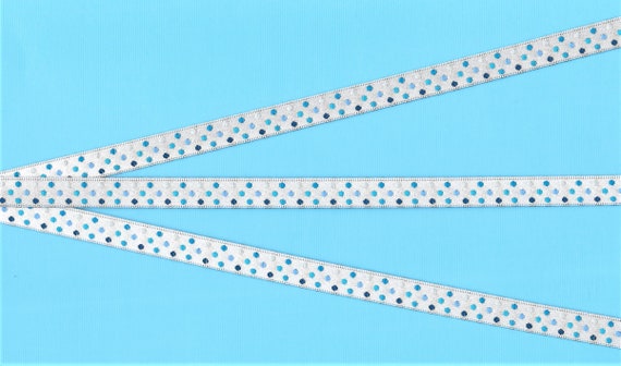 POLKA DOTS A-02-D Jacquard Ribbon Poly Trim, 3/8" Wide (9mm) White Background w/Variegated Shades of Blue Mini Polka Dots, Priced Per Yard