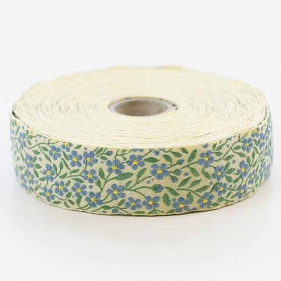 KAFKA F-01/33 Jacquard Ribbon Woven Organic Cotton Trim 1" wide (25mm) Yellow w/Blue (Golden Accents) Forget-Me-Nots, Green Leaves