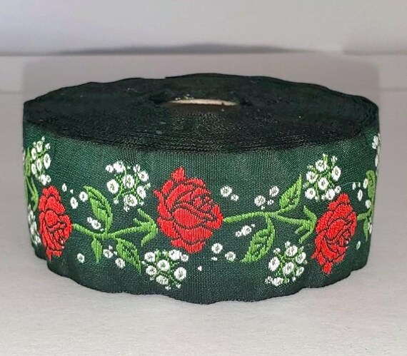 KAFKA G-08/01 Jacquard Ribbon Woven Organic Cotton Trim 1-1/4" wide (32mm) Green Background w/Red Roses & White Gypsophila, Holiday Colors