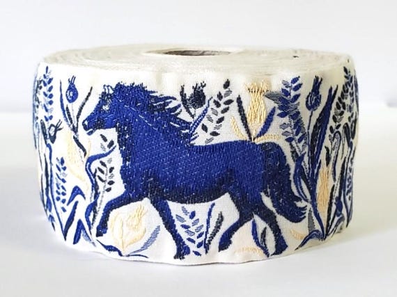 KAFKA K-06/06 Jacquard Ribbon Woven Organic Cotton Trim 2" wide (50mm) Ivory Background w/Blue Horses, Navy Blue & Yellow Grasses