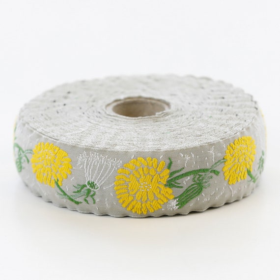 KAFKA F-03/02 Jacquard Ribbon Woven Organic Cotton Trim 1" wide (25mm) Beige Background w/Yellow & White Dandelions, Green Leaves