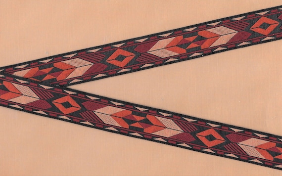 NATIVE AMERICAN F-07-A Jacquard Ribbon Poly Trim 1" wide (25mm) Tribal Design in Burgundy, Tan, Rust and Black