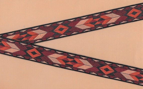 NATIVE AMERICAN F-07-A Jacquard Ribbon Poly Trim 1" wide (25mm) Tribal Design in Burgundy, Tan, Rust and Black, Per Yard