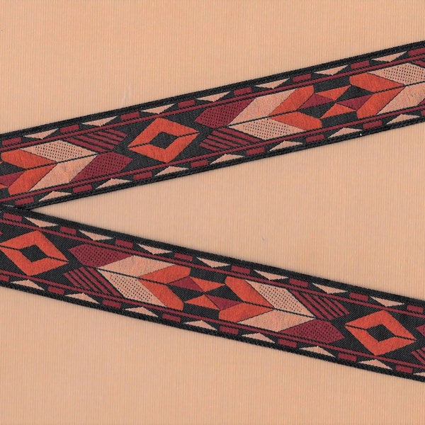 NATIVE AMERICAN F-07-A Jacquard Ribbon Poly Trim 1" wide (25mm) Tribal Design in Burgundy, Tan, Rust and Black, Per Yard