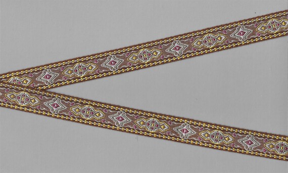 GEOMETRIC C-06-L Jacquard Ribbon Poly Trim 5/8" wide (16mm) Lt Brown Background, Gray/Yellow/Olive & Plum Tones Renaissance, Per Yard