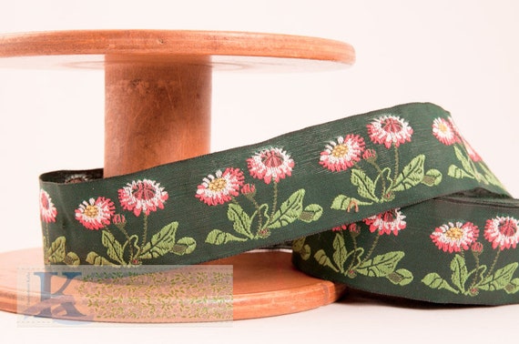 KAFKA G-04-C Jacquard Ribbon Cotton Trim, 1-1/4" wide (32mm) From Germany, Green w/White, Yellow & Pink Daisies, Green Leaves, Per Yard