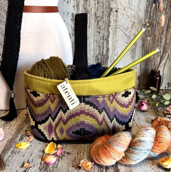 ATENTI "ZIGGY" Purple, Lilac & Avocado, 8-Pocket Short Bucket Organizer, Needle Arts/Knitting, Handmade USA