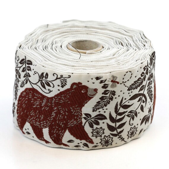 KAFKA L-05/03 Jacquard Ribbon Woven Organic Cotton Trim 2-3/8" wide (60mm) Beige with Brown Bears, Dark Brown Leaves/Vines & Bumblebees