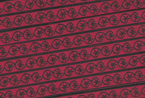 GEOMETRIC B-08-A Jacquard Ribbon Poly Trim 1/2" wide (13mm) Red w/Black Scroll Design