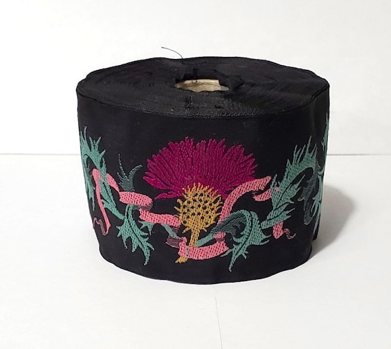 KAFKA K-01/11 Jacquard Ribbon Woven Organic Cotton Trim 2" wide (50mm) Black w/Bright Pink Thistles, Rose Pink Ribbons, 2-Tone Green Leaves