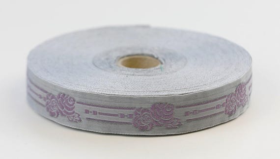 KAFKA D-12/05 Jacquard Ribbon Woven Organic Cotton Trim 13/16" wide (20mm) Gray Background w/Lilac Purple "Embossed" Old Roses