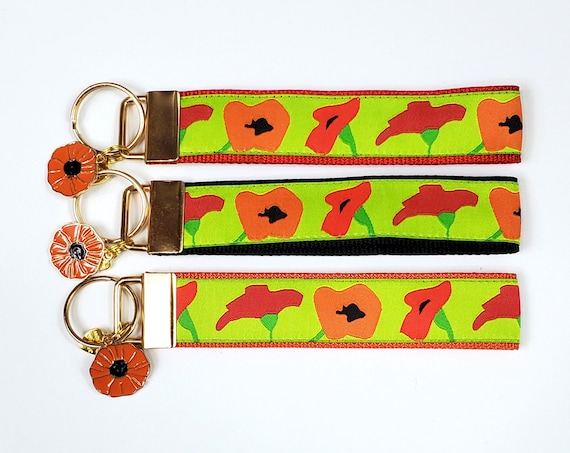 FLORAL Jacquard Ribbon/Nylon Web 1" wide (25mm) Key Fobs, Poppy Flowers w/Charms, Keychain, Key Wristlet, Luggage Tags, 5.5" long