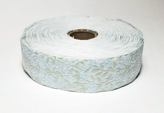 KAFKA F-01/17 Jacquard Ribbon Woven Organic Cotton Trim 1" wide (25mm) White Background, Pale Blue Forget-Me-Nots, Spring Green Leaves/Vines
