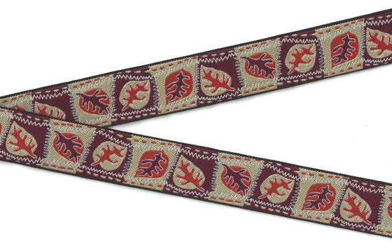 NOVELTY F-02-B Jacquard Ribbon Poly Trim 1-1/8" wide (28mm) Autumn Leaves in Brown, Pumpkin, Beige