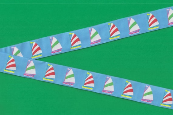 SPORTS/Nautical G-04-A Jacquard Ribbon Polyester Trim 1-1/8" wide (28mm) Douglas Paquette, Pale Blue w/Multi-Colored Sailboats