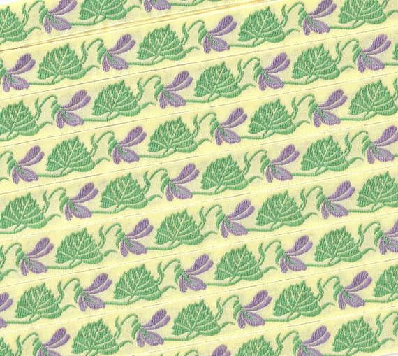 KAFKA C-01/03 Jacquard Ribbon Organic Cotton Trim 5/8" wide (16mm) Yellow w/Purple "Violets"