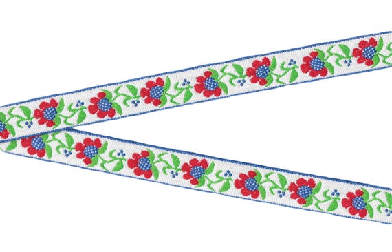 FLORAL D-05-G Jacquard Ribbon Poly/Cotton Trim 3/4" wide (20mm) White w/Blue & Red Sunflowers