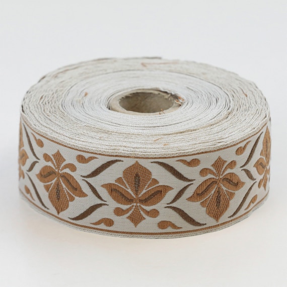 KAFKA G-24/01 Jacquard Ribbon Woven Organic Cotton Trim 1-1/4" wide (32mm) "French Lily" in Tan, Beige & Brown