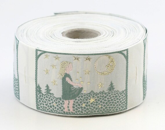 KAFKA H-09/02 Jacquard Ribbon Woven Organic Cotton Trim 1-5/8" wide (42mm) "Starcatcher" Girl w/Apron, Ivory, Green & Metallic Gold Accents