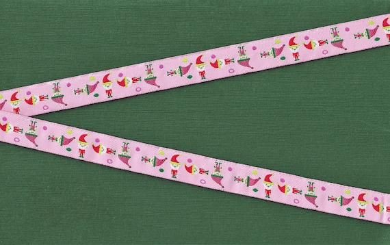 HOLIDAY C-29-A Jacquard Ribbon Polyester Trim 5/8" Wide (16mm) Holiday Elves on Pink Background, Gnomes, Santa's Helpers, Per Yard