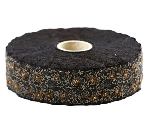 KAFKA F-02/26 Jacquard Ribbon Organic Cotton Trim 1" wide (25mm) Dark Brown w/Taupe Flowers