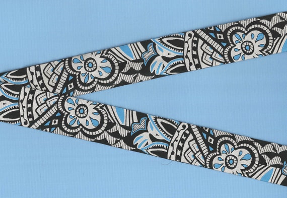 FLORAL H-38-A Jacquard Ribbon woven Poly Trim 1-1/2" wide (38mm) Douglas Paquette, Black, Gray & Blue Flower Design, Per Yard