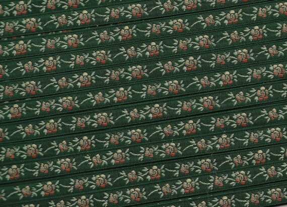 FLORAL A-01-C Jacquard Ribbon Poly Trim 5/16" wide (8mm) Made in France, Forest Green w/Variegated Ivory & Peach Flowers, Pale Green Stems