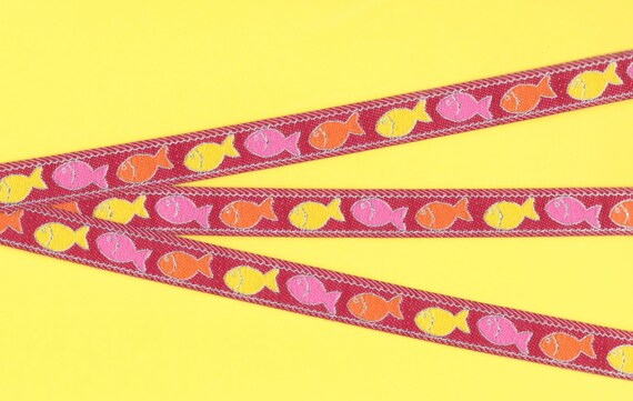 ANIMALS/Water C-02-D Jacquard Ribbon Poly Trim 5/8" wide (16mm) Red Background w/Orange/Hot Pink/Yellow Fish w/Silver Metallic Accents