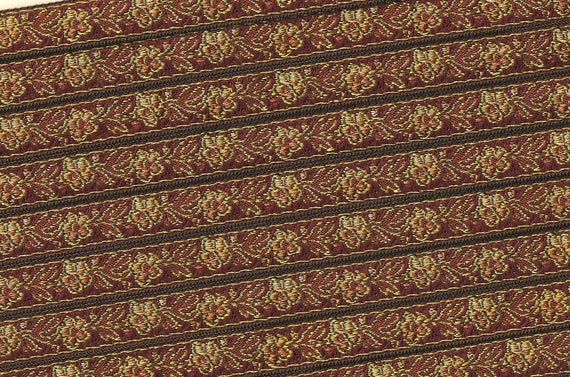FLORAL B-12-H Jacquard Ribbon Polyester Trim 1/2" wide (13mm) Made in France, Brown w/Variegated Beige Flowers & Olive Green Vines