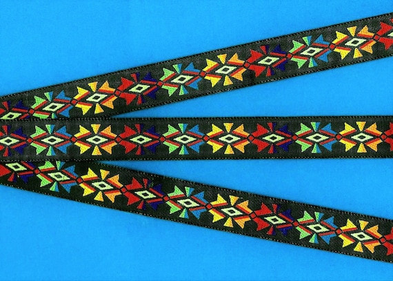 NATIVE AMERICAN D-32 Jacquard Ribbon Poly Trim, 3/4" Wide (20mm) Bright, Multi-Colorful Diamond Tribal Aztec Pattern on Black, Per Yard
