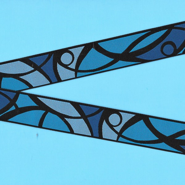 GEOMETRIC F-09-B Jacquard Ribbon Poly Trim, 1" Wide (25mm) Made in France, Abstract "Stained Glass" in Blues w/Black Lines, Per Yard