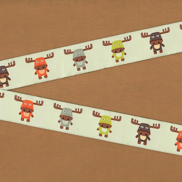 ANIMALS/Wildlife E-05-A Jacquard Ribbon Polyester Trim 7/8" wide (22mm) Pale Green w/Green, Gray, Orange & Brown Smiling Moose