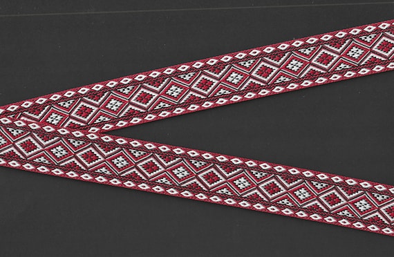 NATIVE AMERICAN G-15-A Jacquard Ribbon Polyester Trim 1-1/8" Wide (28mm) Red, Black & White Diamond Southwest Design, Per Yard