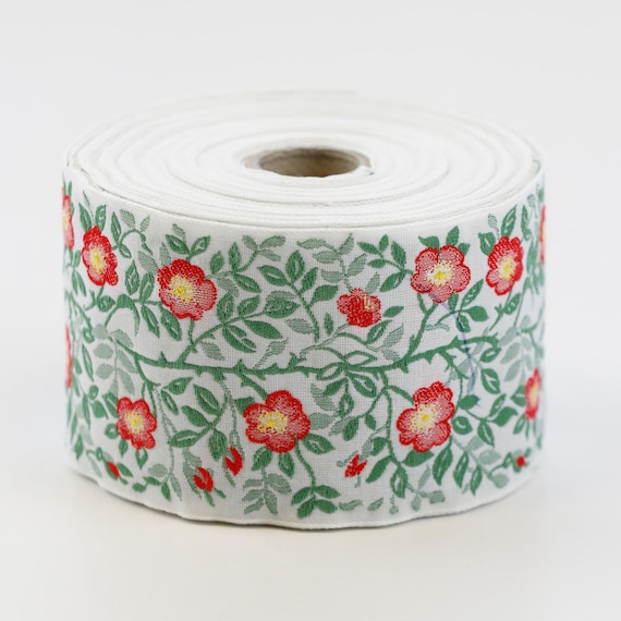 KAFKA L-01/12 Jacquard Ribbon Woven Organic Cotton Trim 2-3/8" wide (60mm) White w/Red & Yellow Dog Roses, 2-Tone Green Leaves