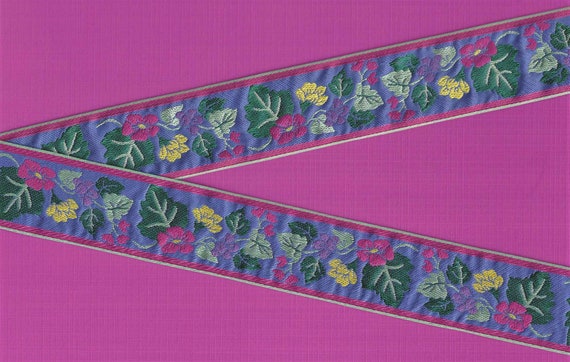 FLORAL H-46-B Jacquard Ribbon Poly Trim, 1-1/2" Wide (38mm) Lilac w/Gray Border, Rose Pink, Purple & Yellow Flowers, Green Leaves, Per Yard