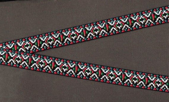 NATIVE AMERICAN D-14-C Jacquard Ribbon Poly Trim, 3/4" Wide (20mm) Black w/Red Borders, Teal, White, Green & Brown Colored Pattern, Per Yard