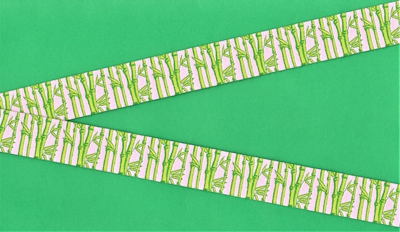 NOVELTY E-DP-05q Jacquard Ribbon Poly Trim 7/8" wide (22mm) Douglas Paquette, Pale Pink w/Lime Green Bamboo Trees & Leaves, Priced Per Yard