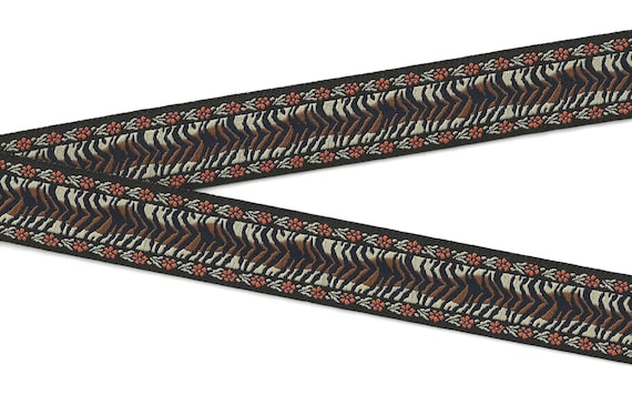 ANIMALS/Prints G-04-A Jacquard Ribbon Poly Trim 1-1/8" Wide (28mm) Black, Brown & Beige Zebra Design w/Orange Floral Border