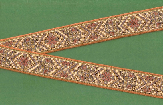 FLORAL TAPESTRY G-09-C Jacquard Ribbon Cotton Trim 1-1/8" wide (28mm) Autumn Shades - Warm Beige/Rust Borders, Purple, Olive Green & Gold