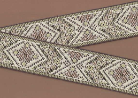 FLORAL TAPESTRY M-13-E Jacquard Ribbon Cotton Trim 2-1/2" Wide (64mm) Shades of Beige, Brown & Pale Olive on Cream Background