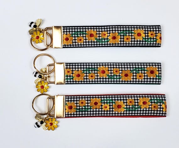 FLORAL Jacquard Ribbon/Nylon Web 1" wide (25mm) Key Fobs, Floral w/Charms, Keychain, Key Wristlet, Luggage Tags, 5.5" long