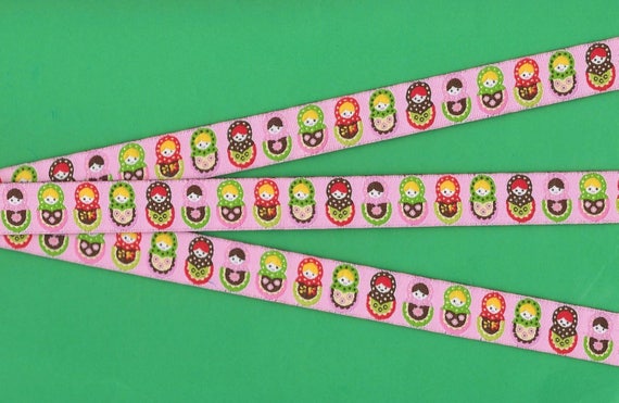 CHILDREN'S C-28-A Jacquard Ribbon Poly Trim 5/8" Wide (16mm) Pink w/Multi-Colored Green/Red/Brown/Yellow Matryoshka Nesting Dolls, Per Yard
