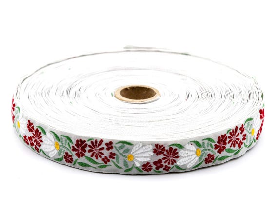 KAFKA D-17/03 Jacquard Ribbon Woven Organic Cotton Trim 3/4" wide (20mm) Lt Gray w/White & Red Flowers, Green Leaves, Holiday colors