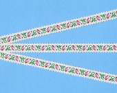 FLORAL B-24-F Jacquard Ribbon Rayon Trim, 1 2 quot Wide, White Background Picot Edging w Variegated Pink Tulips Blue Dots Green Leaves Per Yard